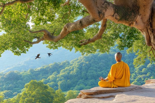 A serene scene of a Jain monk meditating under a large tree with birds flying in the peaceful, lush green nature, capturing tranquility and spirituality.