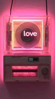 Retro-inspired image features an old-fashioned radio paired with a neon sign displaying the word 'love.' The piece is bathed in a vibrant pink light, creating a glowing effect. The vintage meets modern feel.
