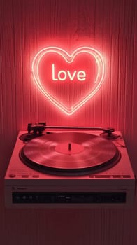 A vintage turntable takes center stage, highlighted by a luminous heart-shaped neon sign with the word 'Love.' The setup is set against a textured, wood-paneled wall. The atmosphere is intimate and warm.