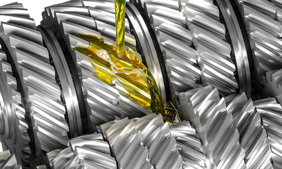 Oil pouring on industrial gears, lubrication and maintenance concept 3d