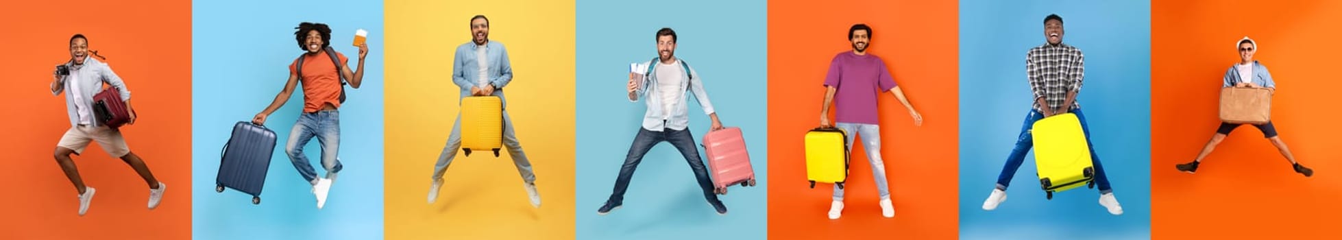 A group of diverse men joyfully jumping with their suitcases in vibrant, colorful backgrounds. They express excitement for their upcoming travels and adventures.