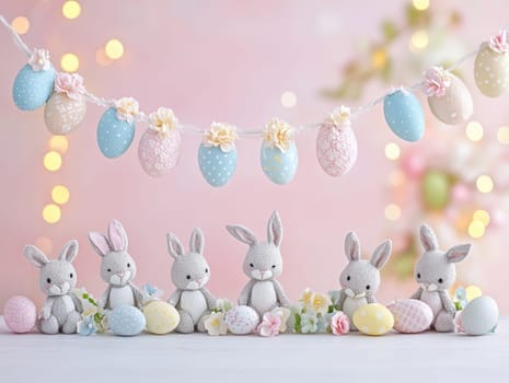Charming pastel Easter scene with decorative bunnies and egg garland.