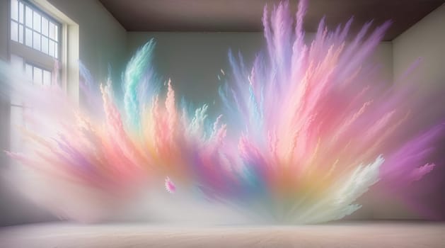 This captivating studio shot showcases a brilliant explosion of colorful powder, filling the room with a mesmerizing array of vivid hues, creating a dynamic and visually striking atmosphere.