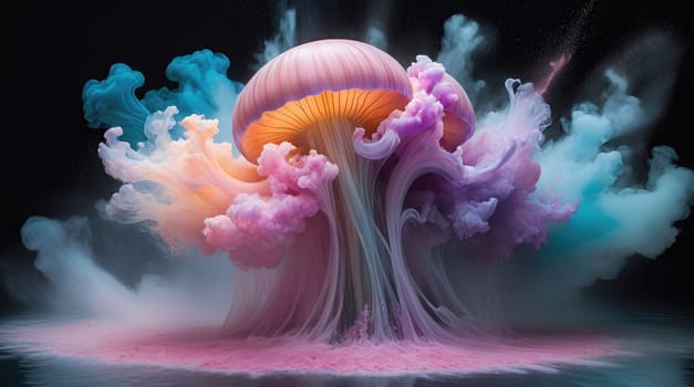 This vibrant abstract image features a mushroom cloud, bursting with vivid colors. Its surreal composition invites viewers to explore and imagine endless possibilities in a captivating way.