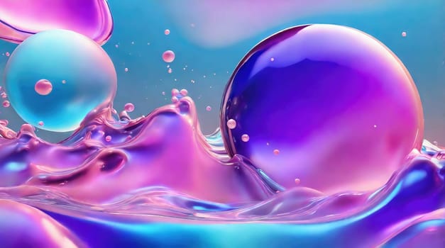 This captivating 3D rendering features vibrant floating liquid balls in pink and blue hues. Their dynamic, rippling effect creates a mesmerizing visual that defies gravity.