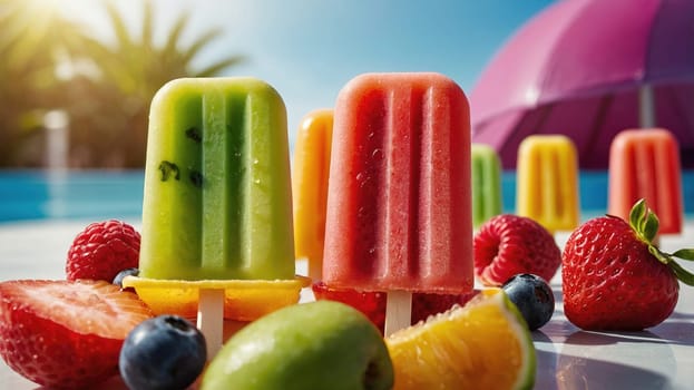 A colorful display of three refreshing fruit popsicles in green, red, and orange hues rests beside a sparkling pool. Fresh strawberries, blueberries, and kiwi accompany the popsicles on the table.