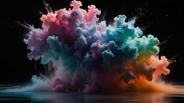 A vibrant explosion of colors bursts against a deep black background, showcasing a stunning display of colorful powder. This captivating image radiates energy and creativity for artistic projects.