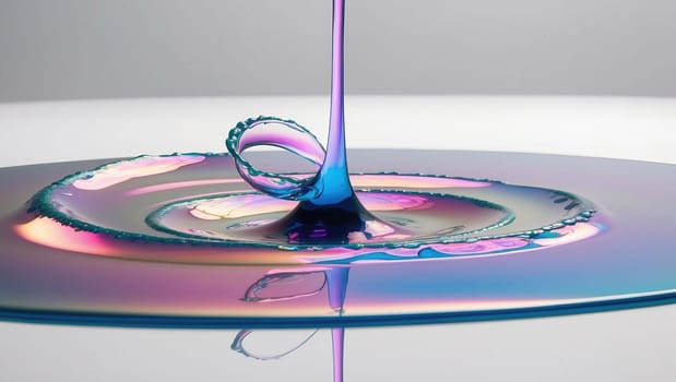 Mesmerizing image of a blue liquid droplet splashing on a glossy pink surface, creating a colorful swirl. Perfect for illustrating concepts of fluidity, dynamics, and contrast.