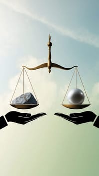 The scale is balanced with a rock on one side and a pearl on the other. The rock is gray and the pearl is white. The scale is held up by two black hands. The background is a blue sky.