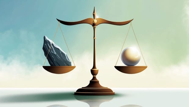 A large stone balances with a small pearl on a scale. The stone is on the left and the pearl on the right, with a flat surface and a gradient blue background, showcasing contrast.