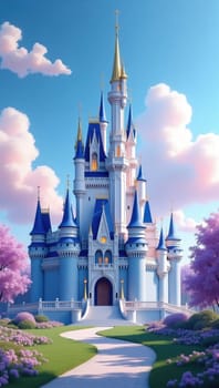 This is a magical castle with blue turrets and pink flowers in front. It is a beautiful and enchanting place that is perfect for a fairytale wedding or a magical adventure.
