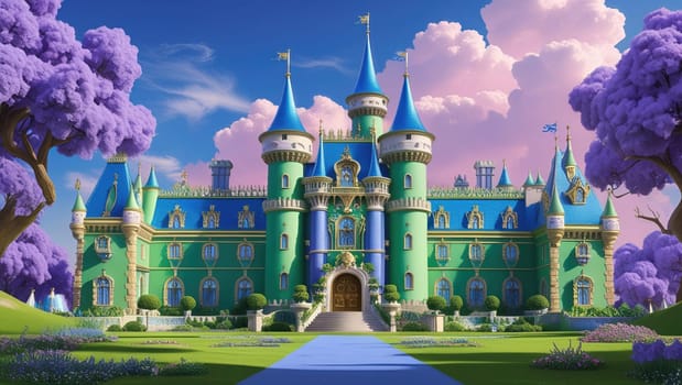 An enchanting digital illustration of a fairytale castle with a green exterior, blue and gold accents, and purple trees. Perfect for children s books, animations, or as a whimsical backdrop.