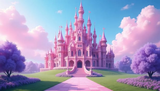 A beautiful pink palace with turrets and towers stands in a lush green field. The sky is a clear blue with fluffy white clouds. The palace is surrounded by trees and flowers.
