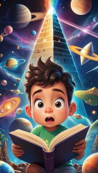 The child in a bright green shirt gazes up in wonder at the majestic floating golden pyramid, surrounded by vibrant planets, swirling galaxies, and sparkling stars, igniting imagination and curiosity.