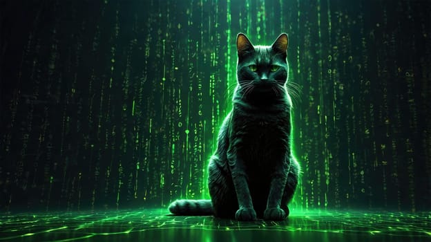 In a dark room, a sleek black cat sits gracefully amidst a cascade of bright green digital rain. Its piercing eyes gaze directly at the viewer, evoking a sense of curiosity and intrigue.