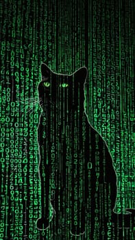A mysterious black cat with glowing green eyes sits gracefully in front of an intricate green binary code background. The contrast creates an enchanting atmosphere, sparking curiosity and intrigue.