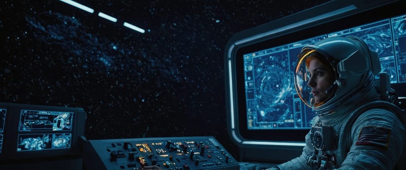 A female astronaut in a detailed spacesuit sits at the advanced control panel of a spaceship, intently looking at the vast expanse of stars and galaxies outside the window, contemplating the universe.
