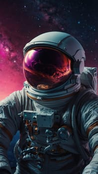 An astronaut in a white spacesuit floats in the vastness of space. Their helmet reflects distant stars and a nearby planet, while they gaze down toward the camera, creating a captivating scene.