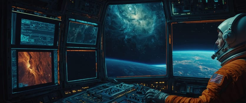 Futuristic spaceship cockpit featuring an astronaut in a spacesuit at the control panel. Screens display the Earth and a vibrant nebula. Image elements provided by NASA.