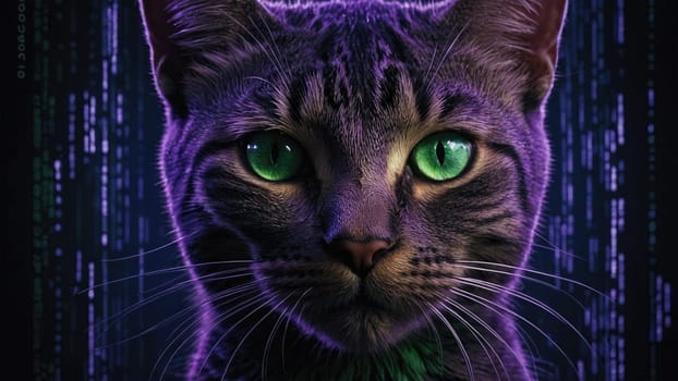 A stunning close-up portrait of a purple cat with mesmerizing glowing green eyes, set against a dark, mysterious background. The cat s gaze is intense, evoking a sense of curiosity and intrigue.