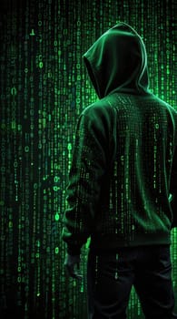 A person wearing a black hoodie stands with their back turned to the camera, facing a dark green background filled with glowing green binary code, symbolizing the world of hacking and cybersecurity.
