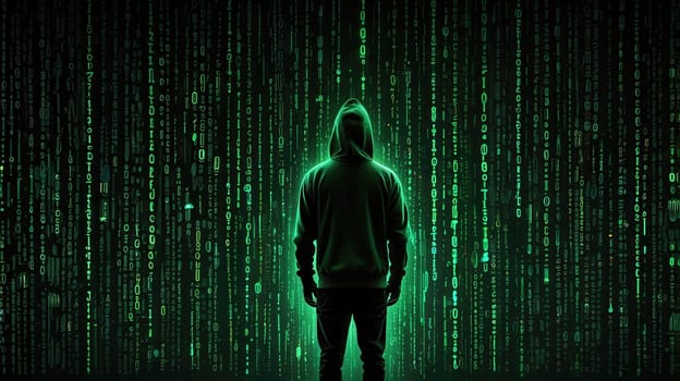 A person dressed in a hoodie stands with their back to the camera, immersed in a digital landscape of green binary code, symbolizing the enigmatic world of hacking and cyber security.