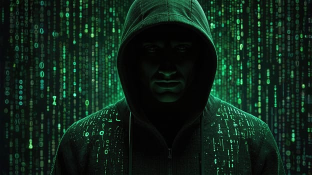 A person in a hoodie displays a binary code pattern projected on the front. Their face is partly concealed, and their narrowed eyes evoke a menacing and mysterious presence.