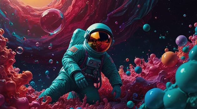 An astronaut in a blue spacesuit floats in space, surrounded by colorful bubbles and twinkling stars. The scene captures the beauty of space exploration and the joy of discovery.