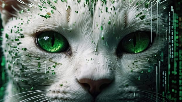 A white cat with wide, glowing green eyes stares straight into the camera, looking startled with its fur standing on end, isolated against a dramatic black background, showcasing its unique beauty.