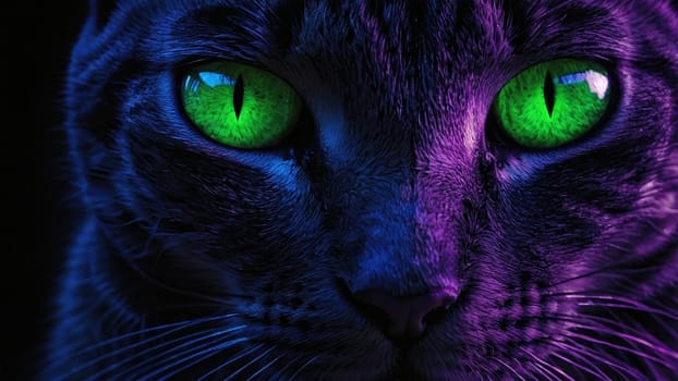 A close-up of a dark-furred cat with bright green eyes gazing into the darkness, creating an eerie and captivating effect. Its striking eyes are the focal point against the black backdrop.