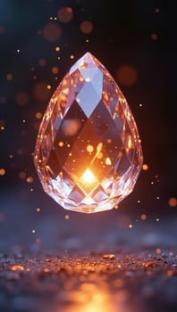 This captivating image showcases a glowing crystal gemstone floating against a dark textured background. Its sparkling facets create a magical ambiance, adding elegance to any project.
