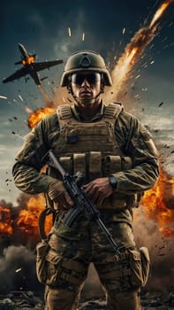 A soldier in full combat gear stands in a war zone with an explosion behind him. The soldier is wearing a helmet, body armor, and a gun. He is looking at the camera with a determined expression.