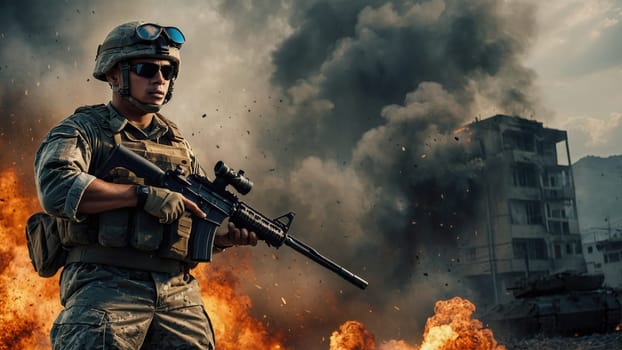A soldier in full combat gear and armed with a rifle stands resolutely in a war zone. The background depicts a chaotic scene filled with thick smoke, roaring flames, and widespread destruction.