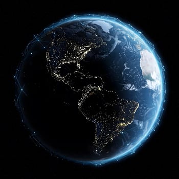A digital illustration of Earth at night shows glowing cities and a network of illuminated lines, representing global communication. Generative AI