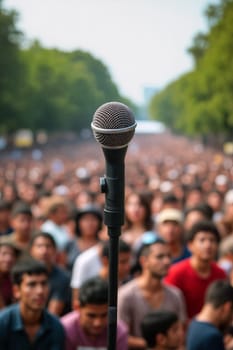 A large crowd gathers in a park for an outdoor concert, with a microphone prominently placed in the foreground, ready for performance - Generative A