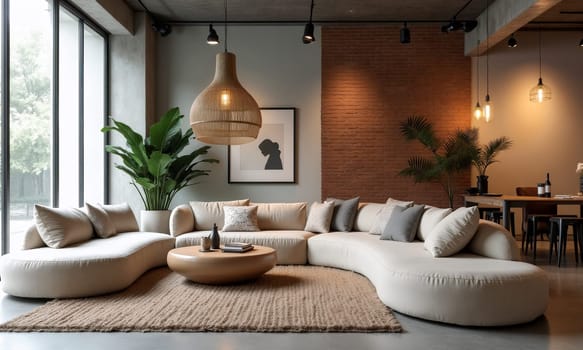 A spacious living room showcases a large curved sofa surrounded by greenery, a wooden coffee table, and contemporary lighting, creating a cozy ambiance - Generative AI
