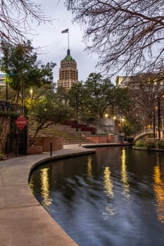 San Antonio, TX - 27 February 2025: Empty walkways at dawn in long exposure image of River Walk in San Antonio, Texas