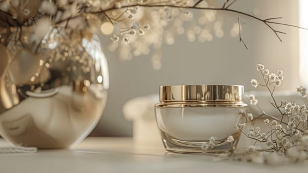 Cosmetic cream in a glass jar. Skin care concept. Background for beauty products