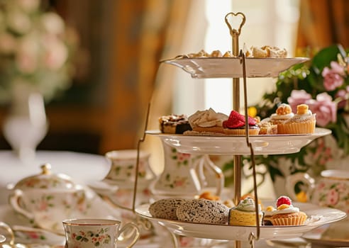 Elegant table setting for tea party with cakes and cupcakes in English manor. Selective focus. Vintage style