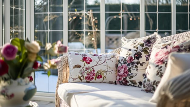 Colorful pillows on sofa against glass wall of window in a winter garden or conservatory. Interior textile concept. High quality photo