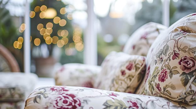 Colorful pillows on sofa against glass wall of window in a winter garden or conservatory. Interior textile concept. High quality photo