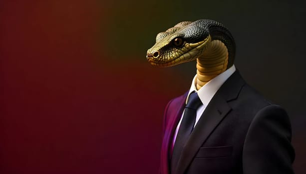 Snake Hybrid in Business Suit in Natural Backdrop. A surreal depiction of a snake-headed humanoid dressed in a business suit, standing gracefully against a nature-inspired backdrop. Themes reflect creativity, professionalism, and artistic imagination with a touch of mystery.