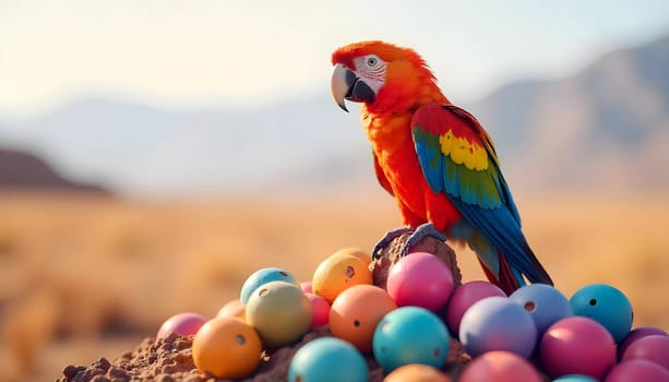 Vivid Colorful Parrot Perched Among Brightly Colored Spheres in Sunlight. A vibrant parrot with orange and green feathers is perched atop a pile of colorful spheres, glowing in warm sunlight. A cheerful and picturesque nature scene that exudes brightness and joy.