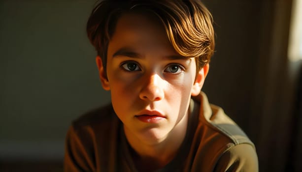 Thoughtful Boy Staring Into the Light With a Sensored Expression. A young boy looking inquisitive and reflective as he gazes towards the light in a calm and muted environment, evoking themes of innocence, introspection, and childhood memories.