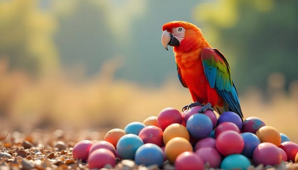 Vivid Colorful Parrot Perched Among Brightly Colored Spheres in Sunlight. A vibrant parrot with orange and green feathers is perched atop a pile of colorful spheres, glowing in warm sunlight. A cheerful and picturesque nature scene that exudes brightness and joy.
