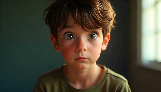 Thoughtful Boy Staring Into the Light With a Sensored Expression. A young boy looking inquisitive and reflective as he gazes towards the light in a calm and muted environment, evoking themes of innocence, introspection, and childhood memories.