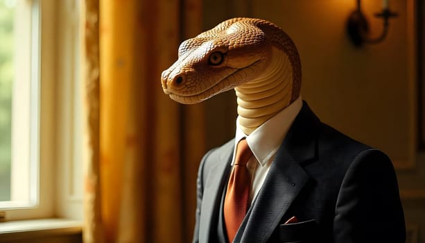 Snake Hybrid in Business Suit in Natural Backdrop. A surreal depiction of a snake-headed humanoid dressed in a business suit, standing gracefully against a nature-inspired backdrop. Themes reflect creativity, professionalism, and artistic imagination with a touch of mystery.