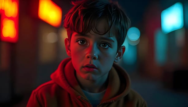 Thoughtful Boy Staring Into the Light With a Sensored Expression. A young boy looking inquisitive and reflective as he gazes towards the light in a calm and muted environment, evoking themes of innocence, introspection, and childhood memories.