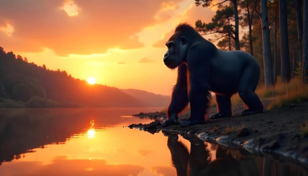 Majestic Gorilla Reflected in Tranquil Lake During Serene Sunset. A stunning silhouette of a gorilla near reflective lake waters, enjoying the warm hues of a breathtaking sunset amidst a serene natural forest landscape.
