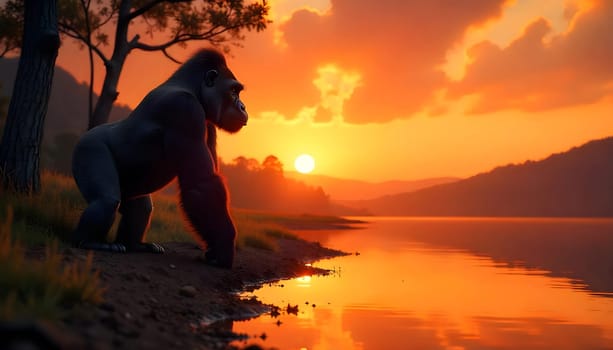 Majestic Gorilla Reflected in Tranquil Lake During Serene Sunset. A stunning silhouette of a gorilla near reflective lake waters, enjoying the warm hues of a breathtaking sunset amidst a serene natural forest landscape.